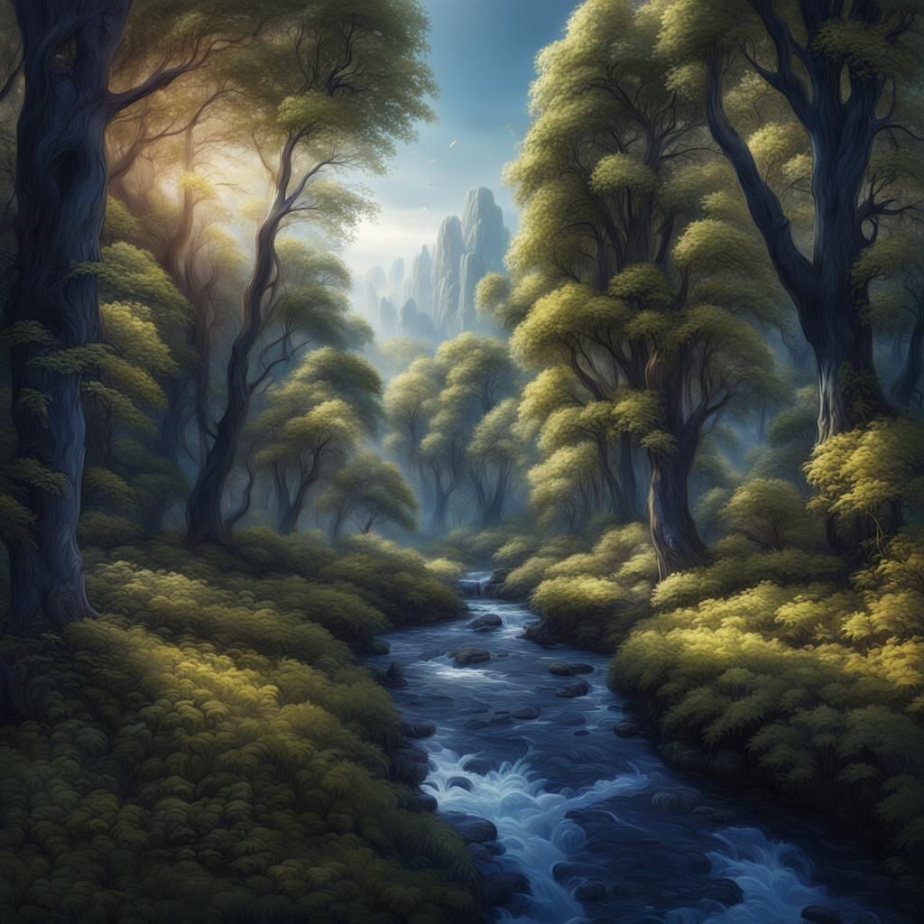 Sunlit Forest with Indigo Trees: Digital Matte Painting