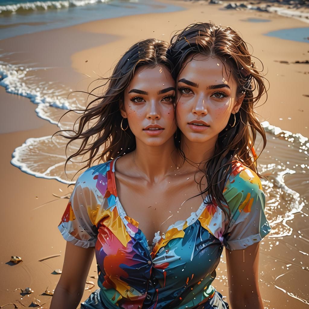 Hyperrealistic Babe Model on Beach in Splash Art Style