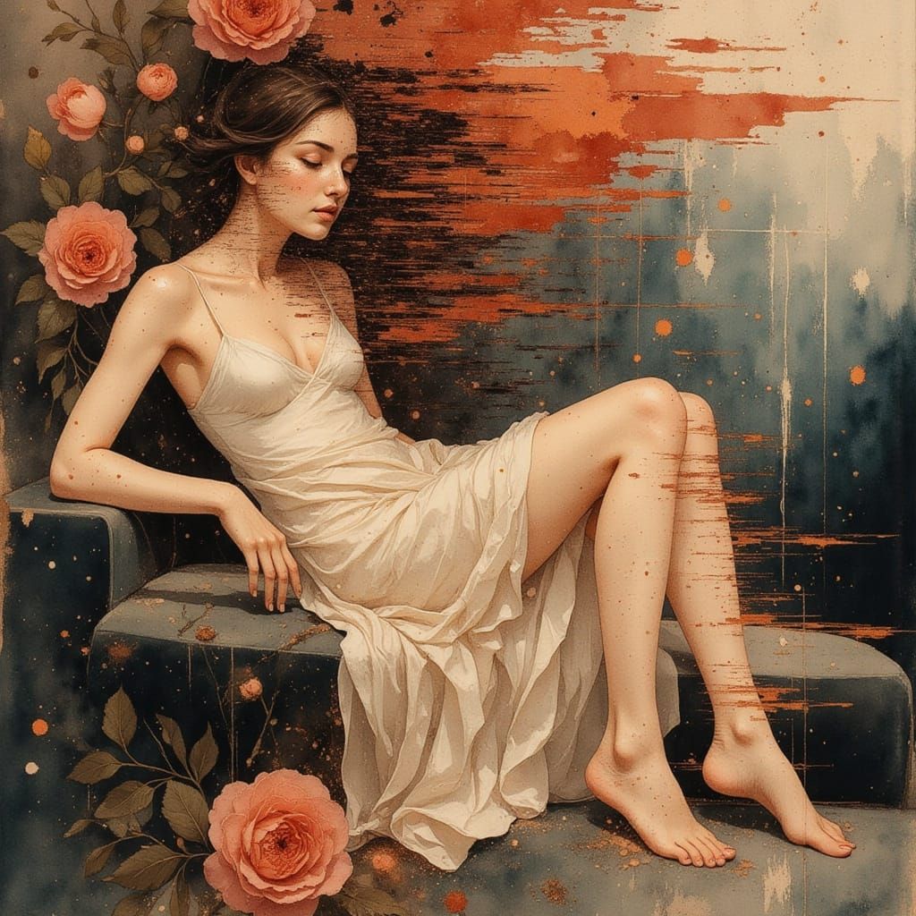 Glitchbloom Style Woman Reclining on Chaise Lounge