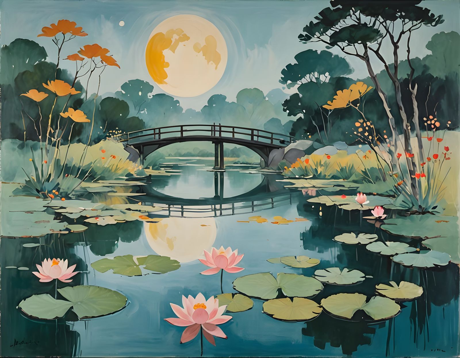 Serene Lotus Pond in Minimalist Style