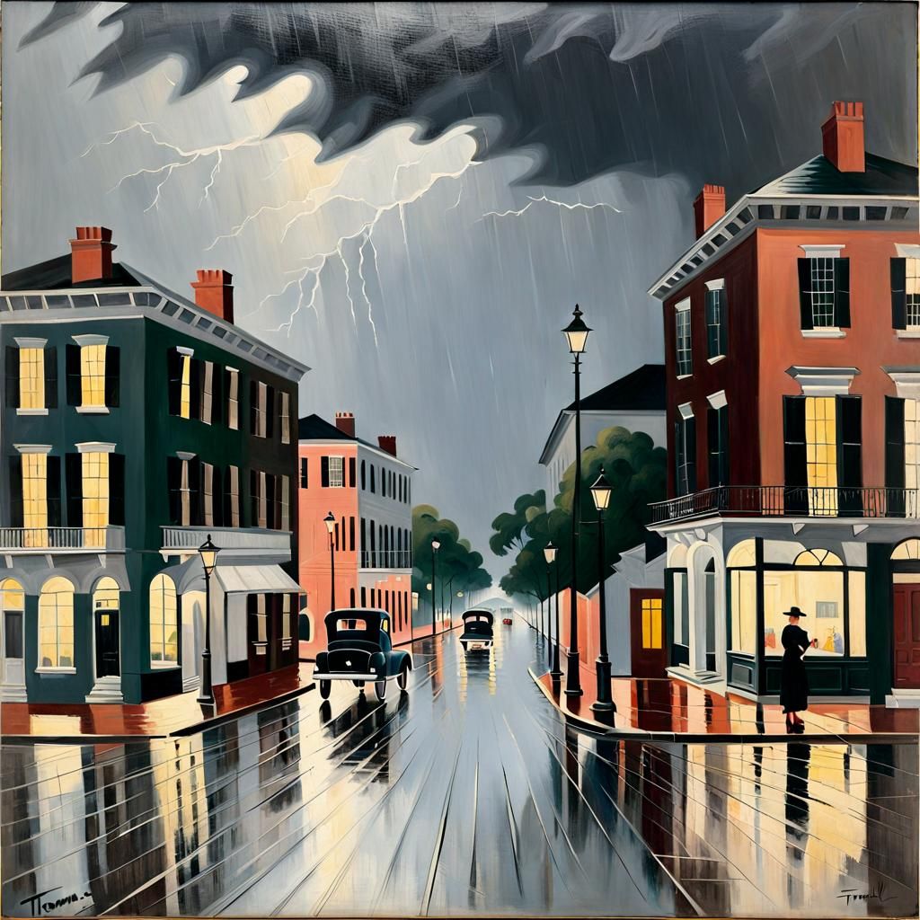 Rainy Charleston Street Scene in Post-Impressionist Style