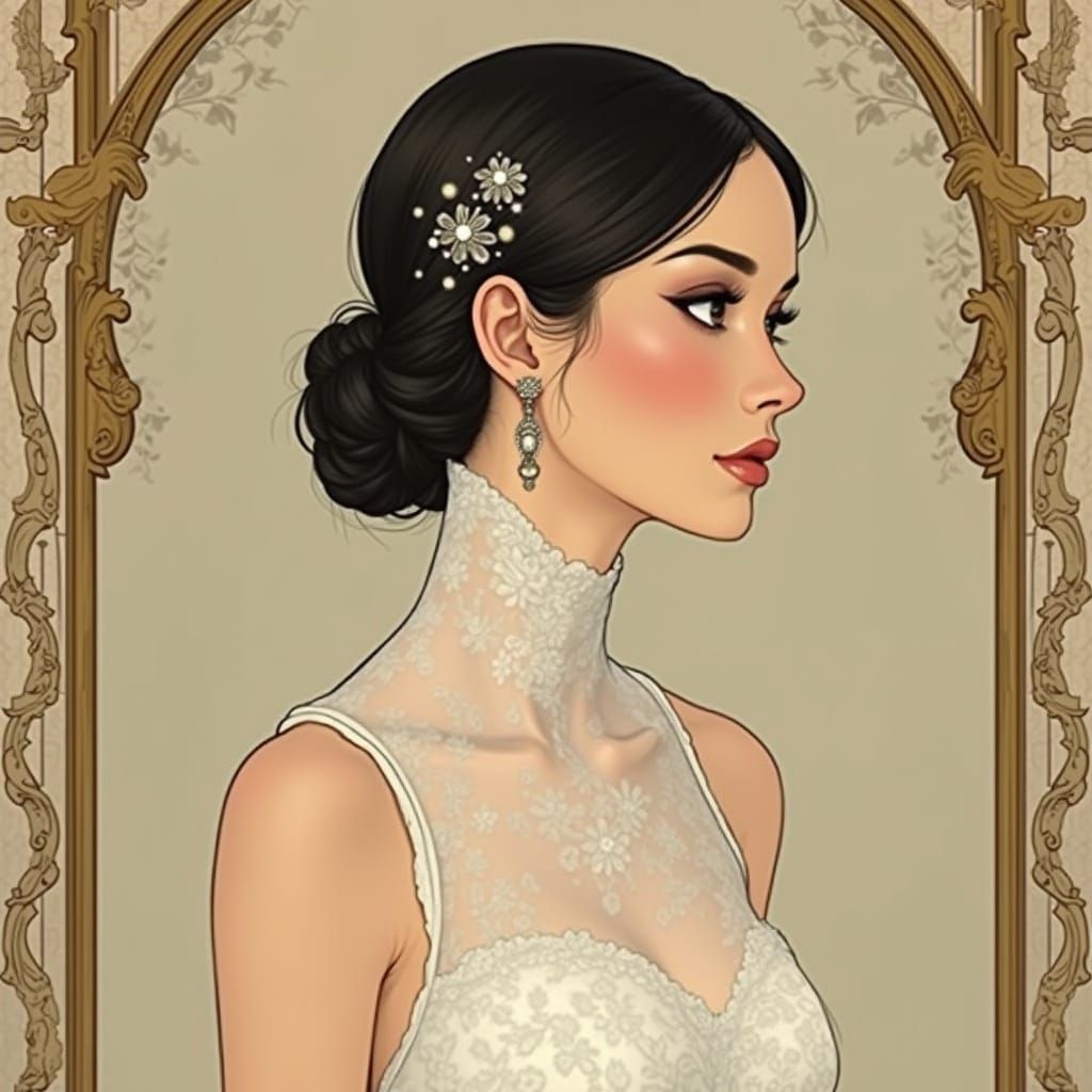 Elegant Bride in Art Nouveau-Inspired Wedding Attire