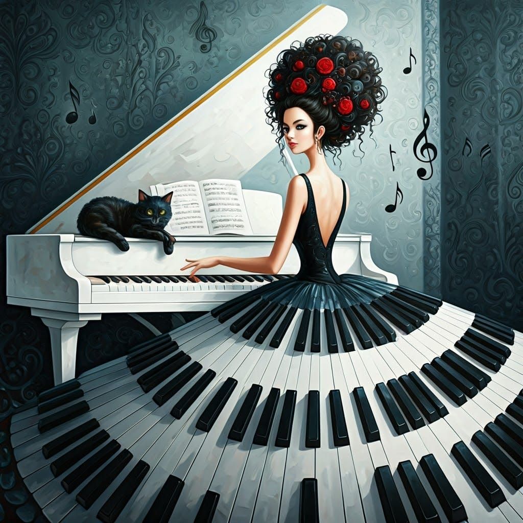 Elegant Woman Seated at Piano in Whimsical Oil Painting