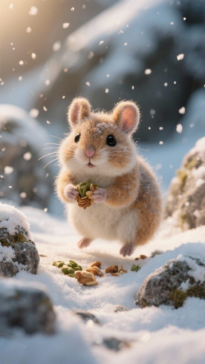 Cute Fluffy Pika Gathering Food in Snowy Rocks