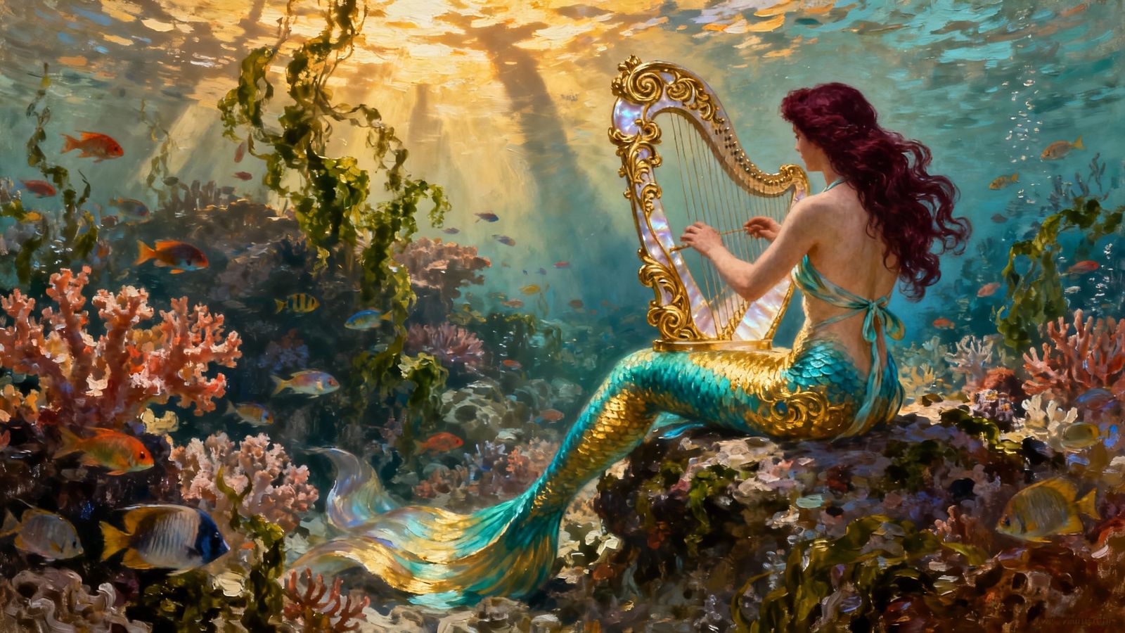 Baroque Mermaid Plays Harp in Vibrant Coral Reef