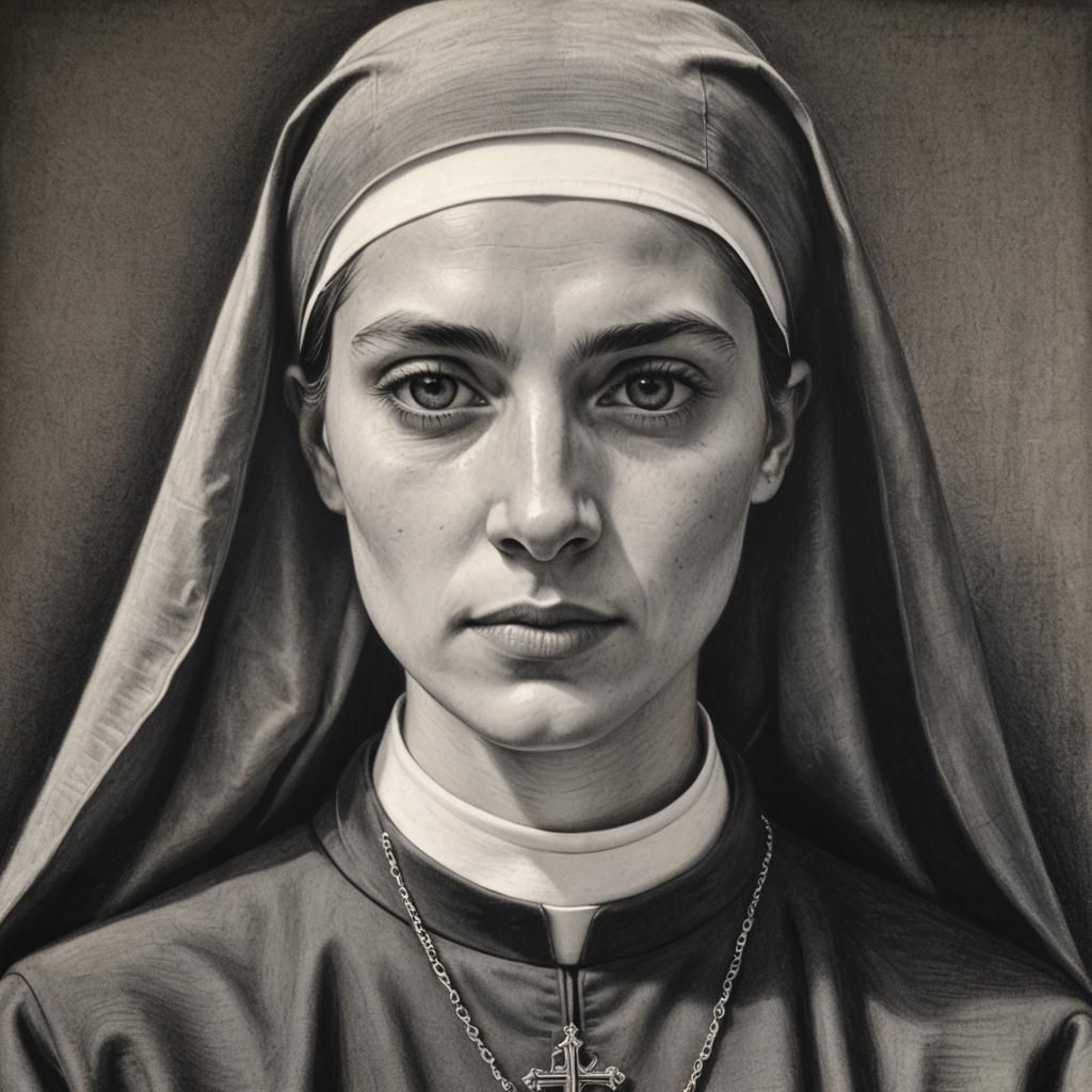 Hyperdetailed Charcoal Drawing of a Young Nun