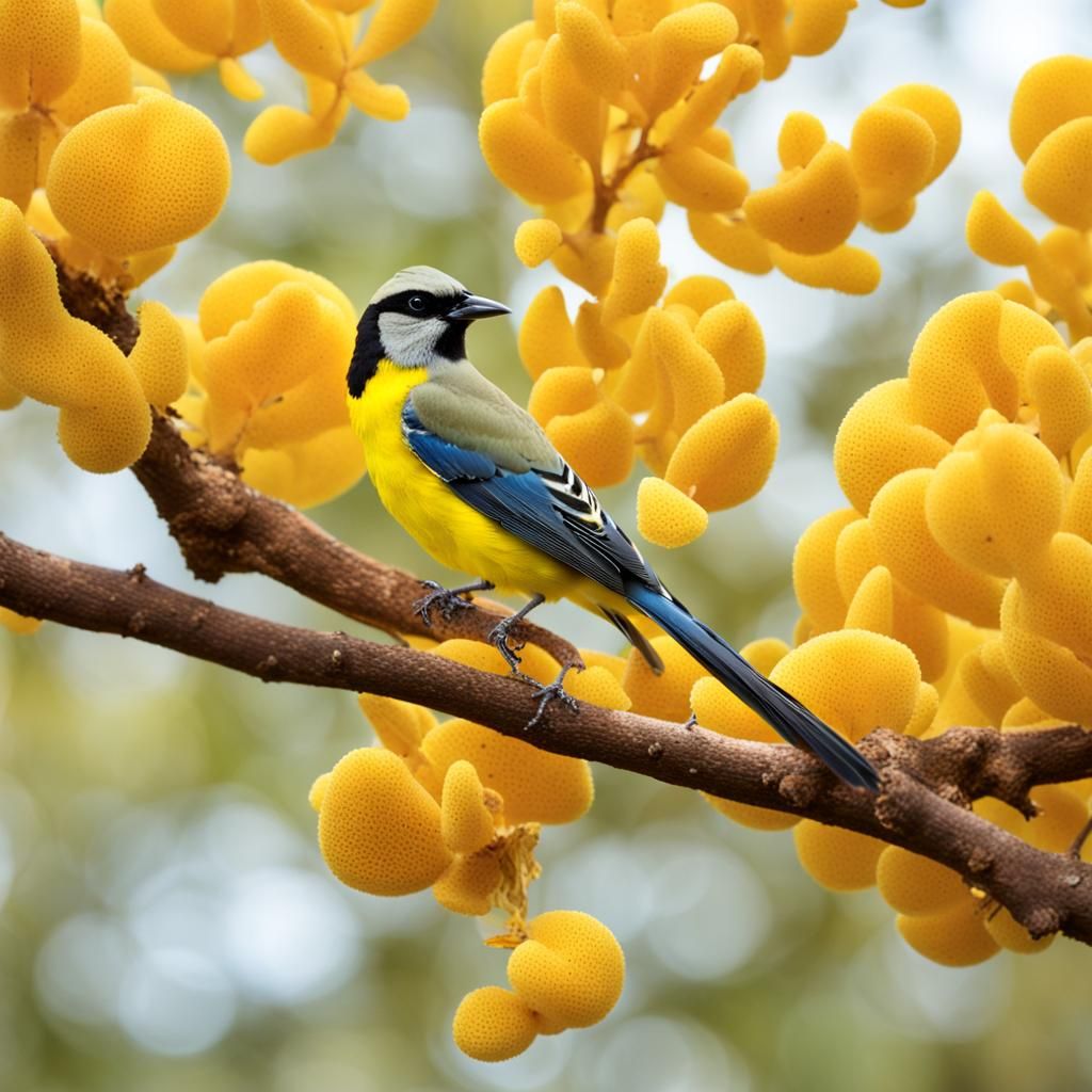 Yellow Glass Corals and Jay in Tree