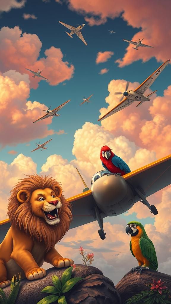 Fantastical Africa Scene with Animals in Burton Style