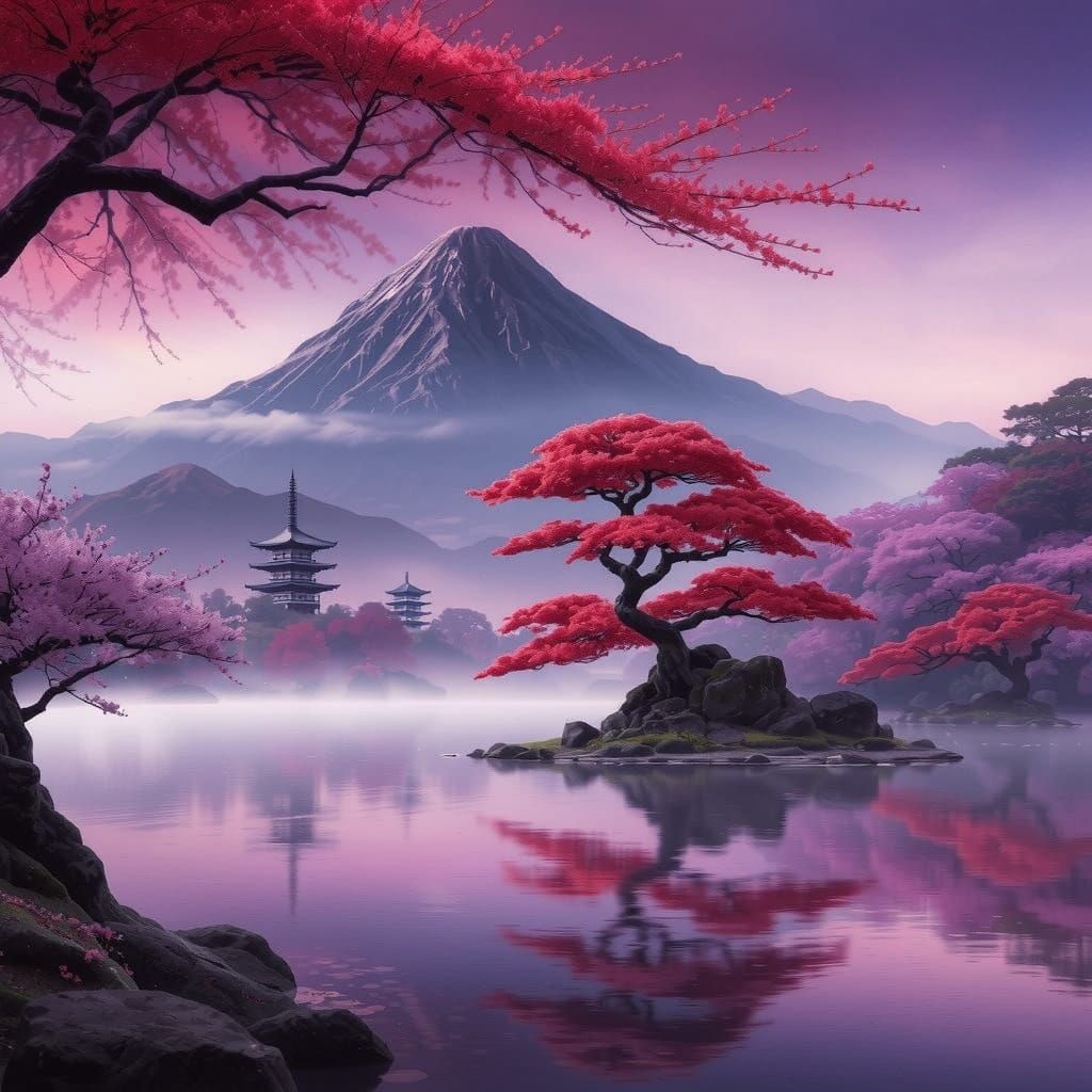 Ancient Sakura Tree in Mysterious Misty Landscape