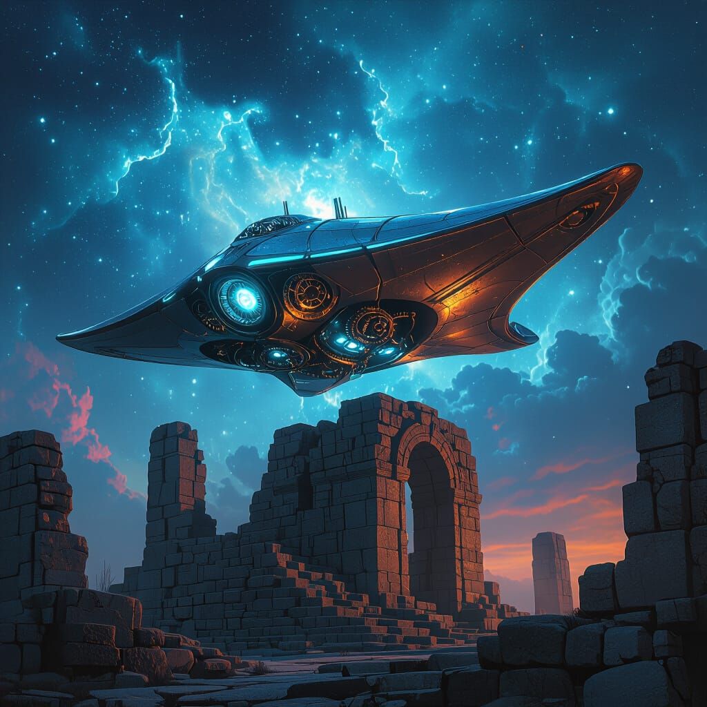 Clockwork Stingray Spaceship on Ancient Ruins