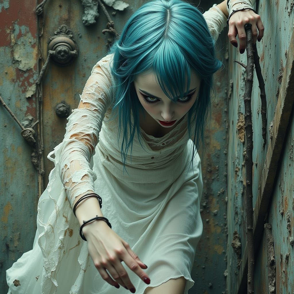 Beautiful Girl Crawling Upside Down in Gothic Style