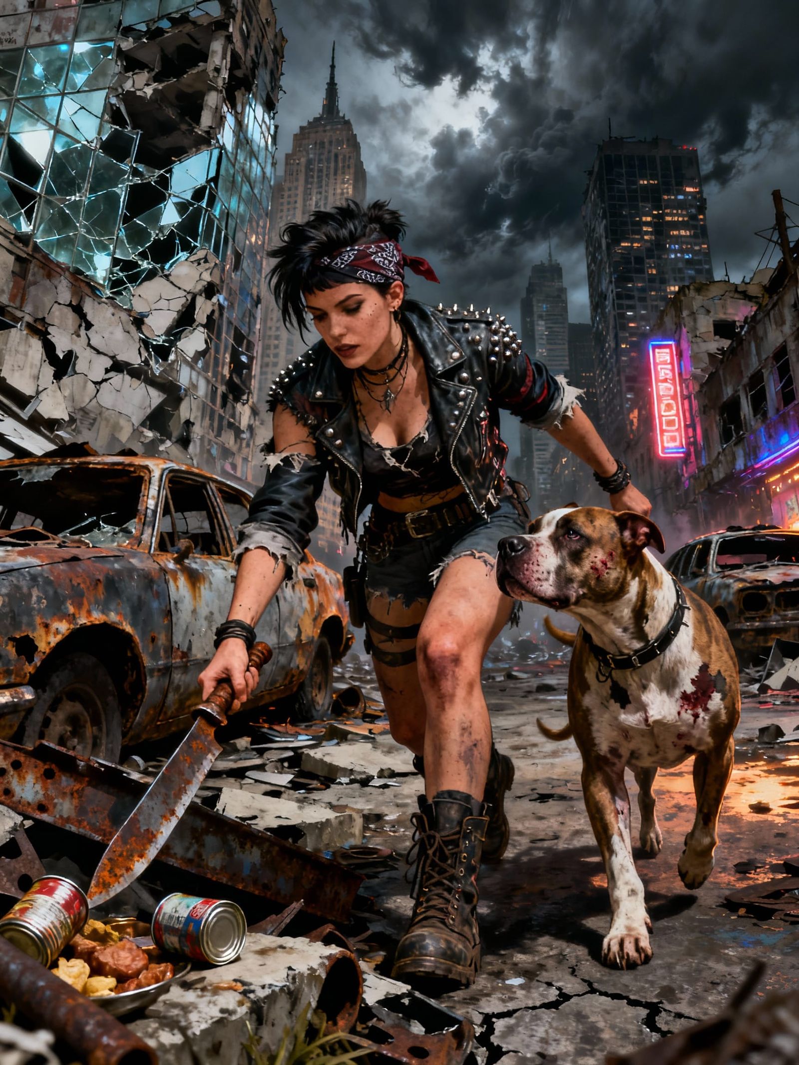 Apocalypse Survivor Woman and Dog in Ruined City