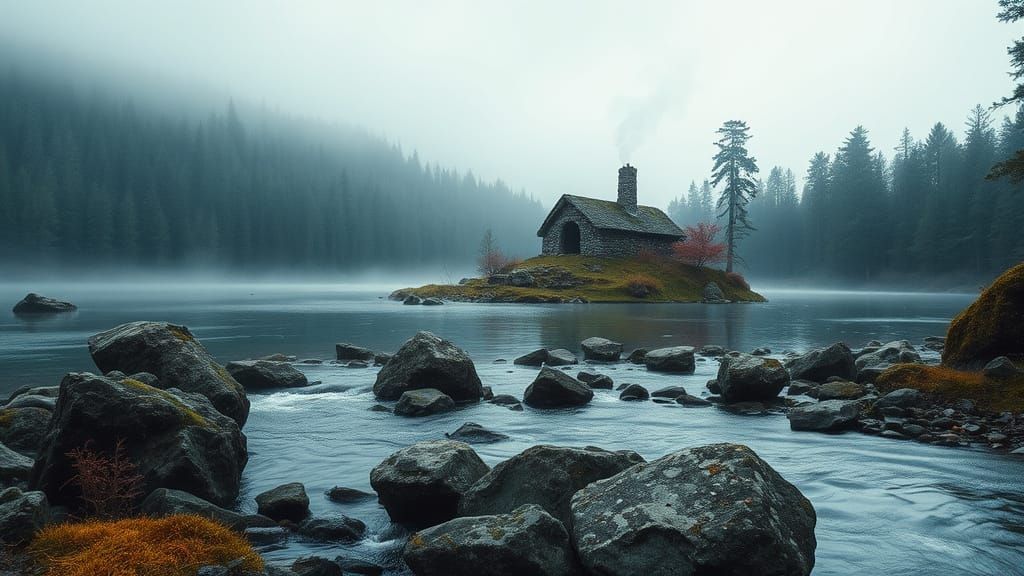 Misty Lake Forest with Stone Hut as Film Still