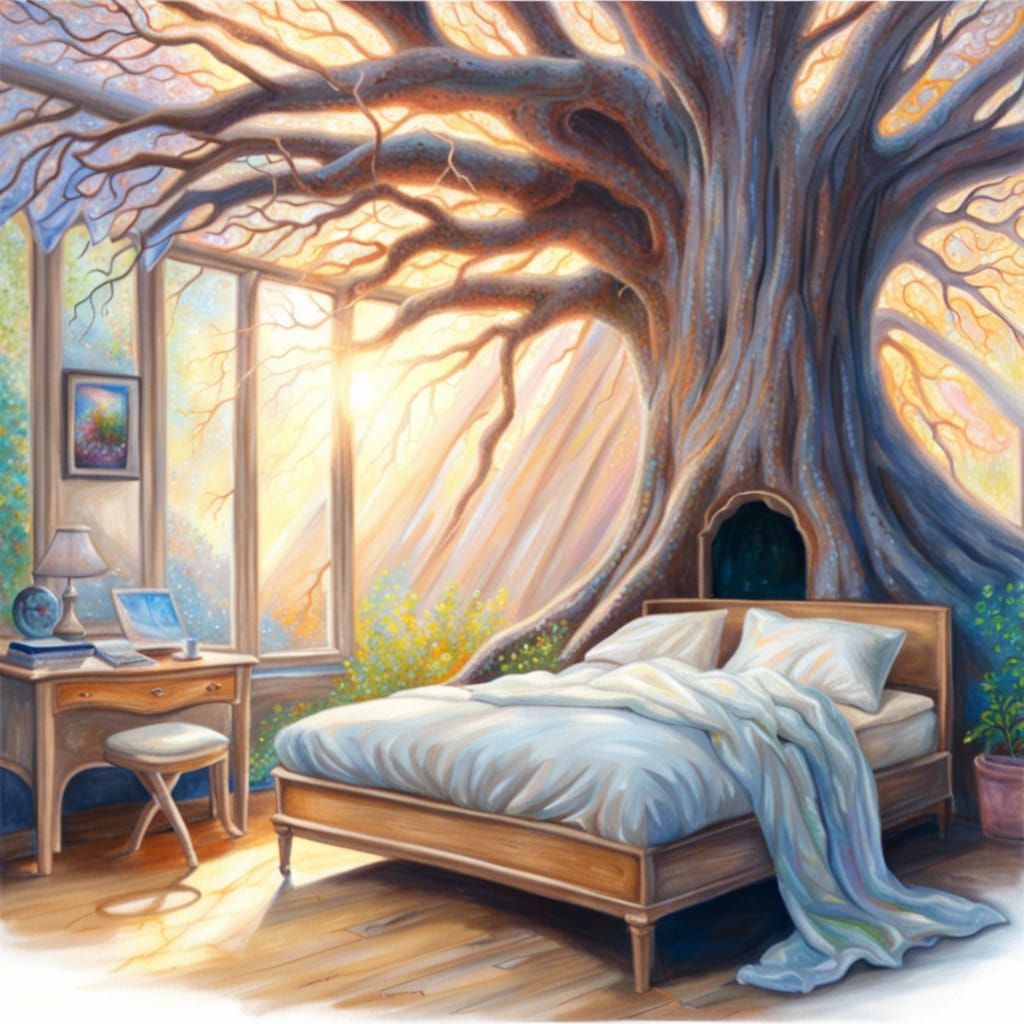magical dream bedroom inside a tree light dust earth art hyp...
