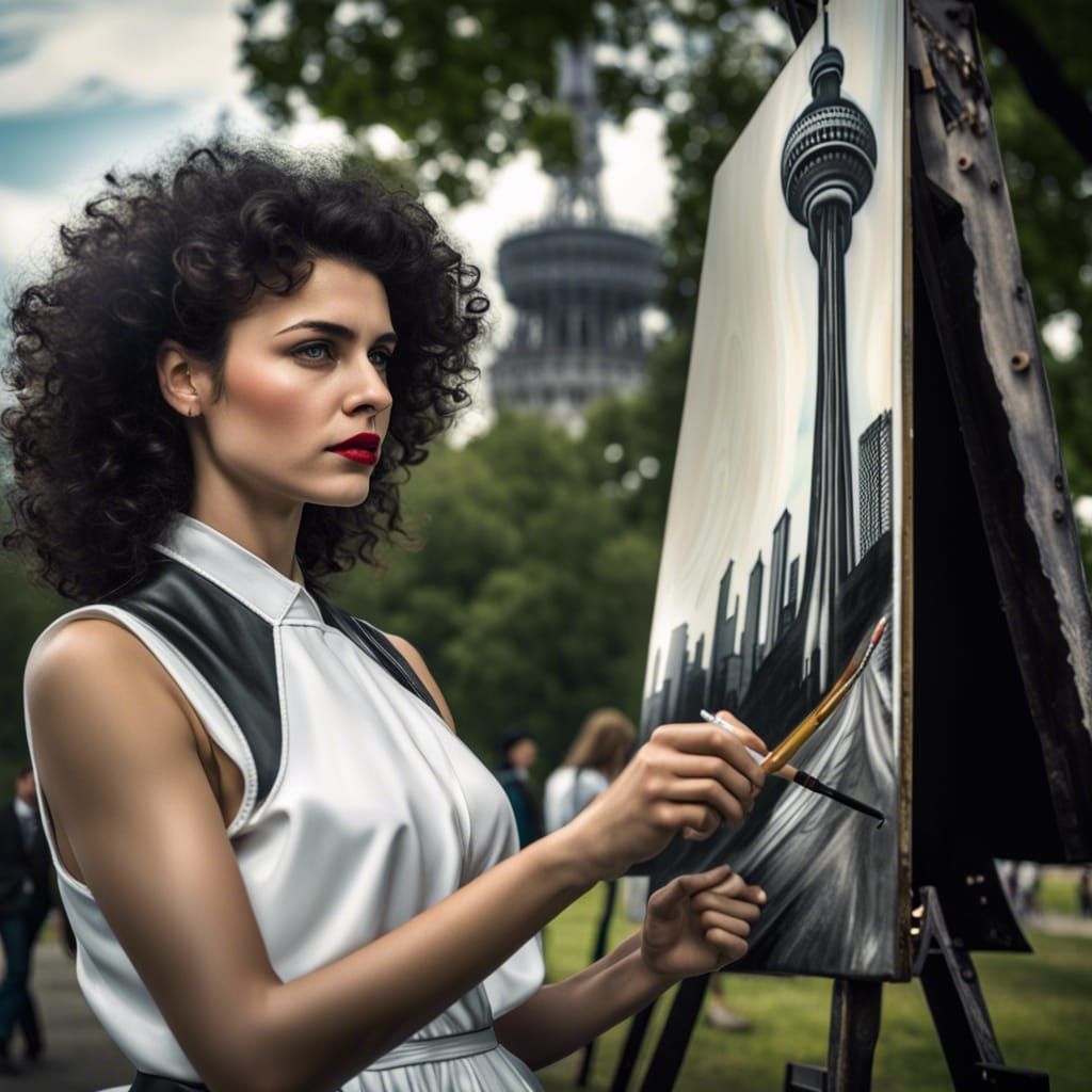 80s Girl Painting Berlin Tower, Hyperrealistic