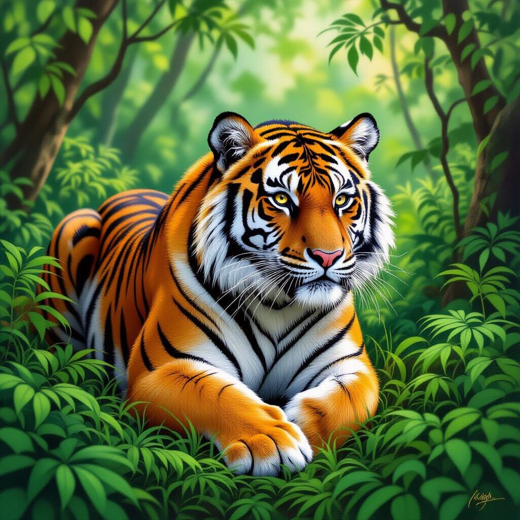 Majestic Tiger Roaming in Lush Green Forest