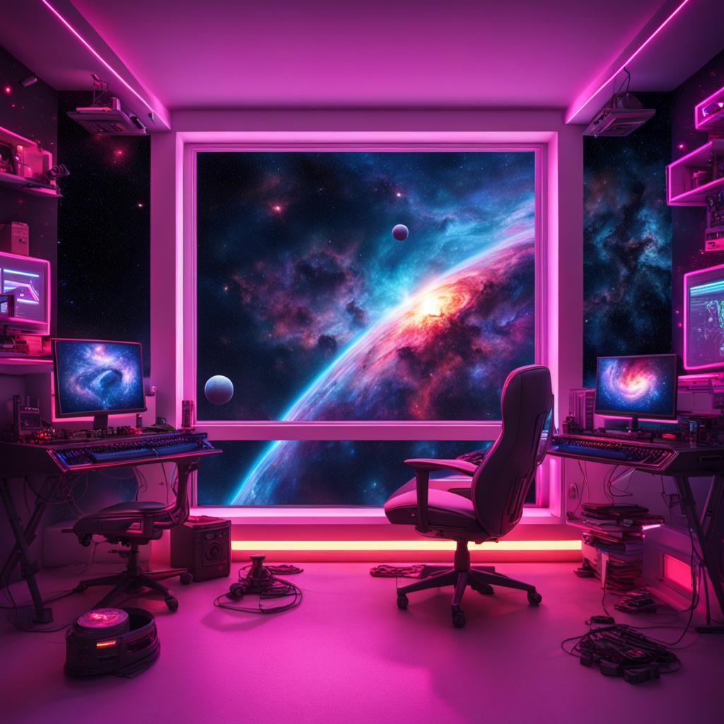 Cyberpunk Gaming Room with Galaxy View