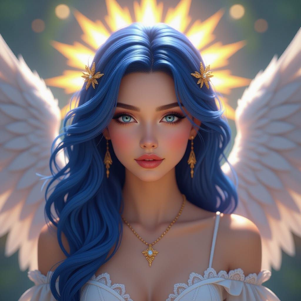 Blue-Haired Angel Portrait in Hyper-Realism Style