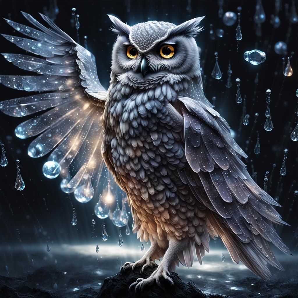 Ethereal Crystal Owl in Moonlit Rain