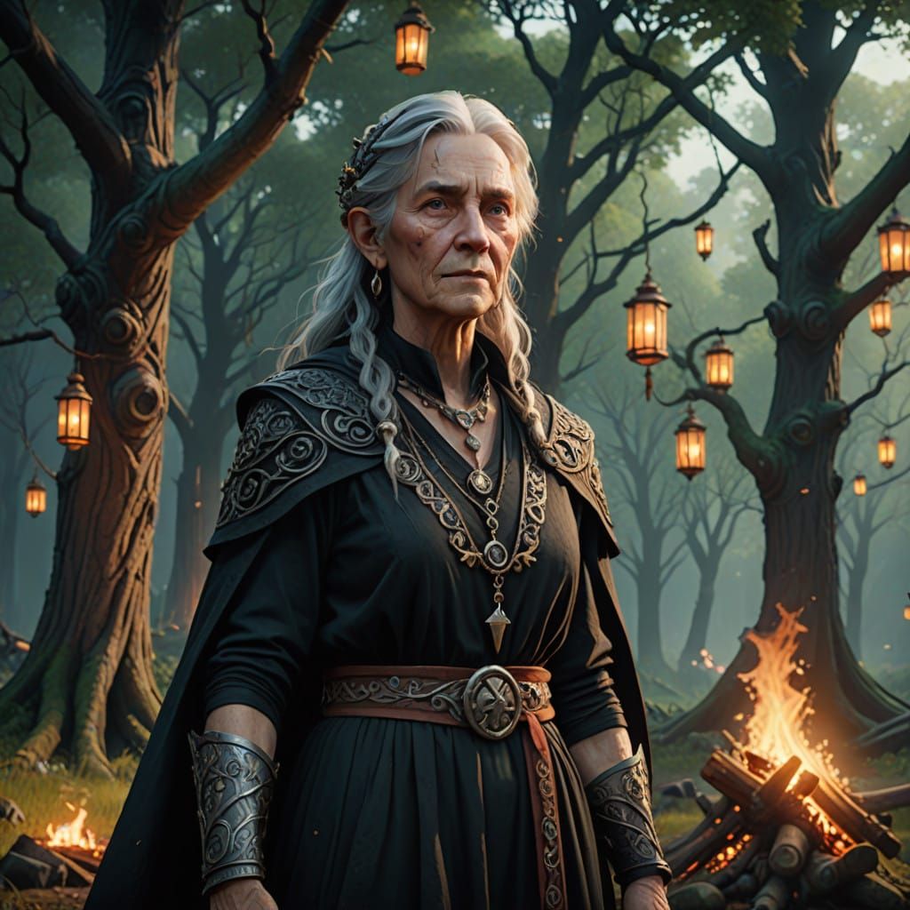 Mystical Pagan Crone Beside Bonfire in Ancient Forest