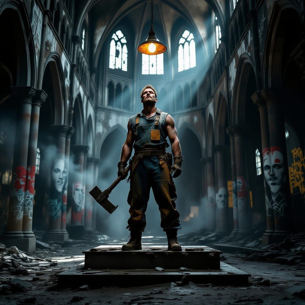 Steelworker in Ruined Cathedral: Urban Decay and Light