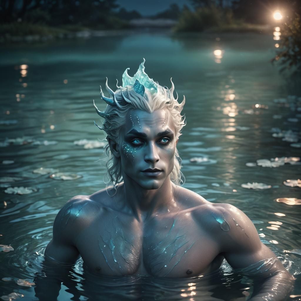 Drow Merman in Moonlit Pond: Hyperrealistic Digital Art