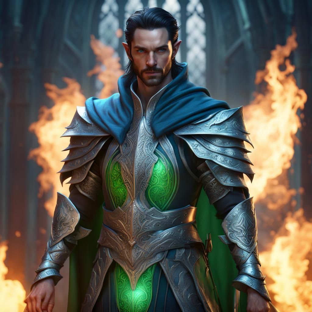 Armored Elf with Blue Flames, Fantasy Concept Art