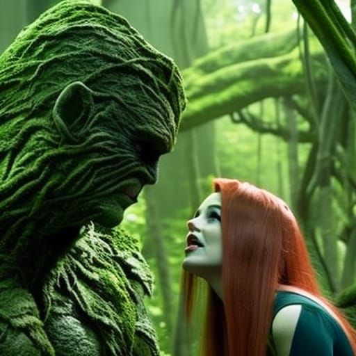 Swamp Thing and Poison Ivy Kissing in DCU Scene