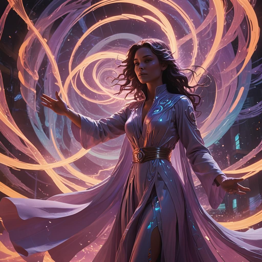Sorceress Casting Corpuscular Wave Magic in Neon Style