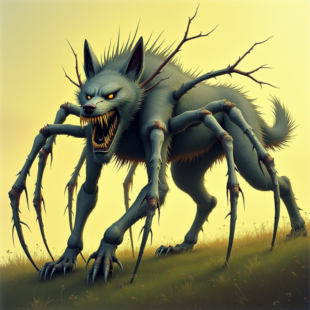 Grotesque Wolf-Spider Hybrid on Grassy Hillside