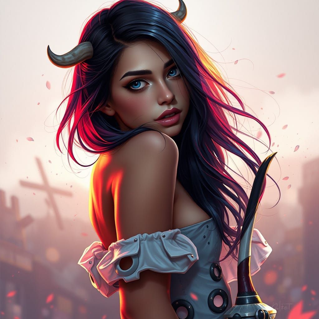 Cute Woman in Cow Tail Portrait with Hyperdetailed Lighting