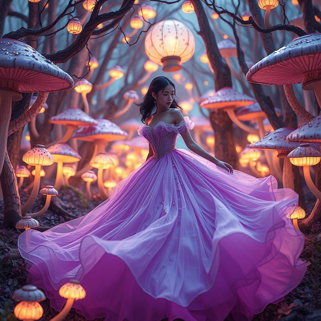 Ethereal Woman in Whimsical Mushroom Forest