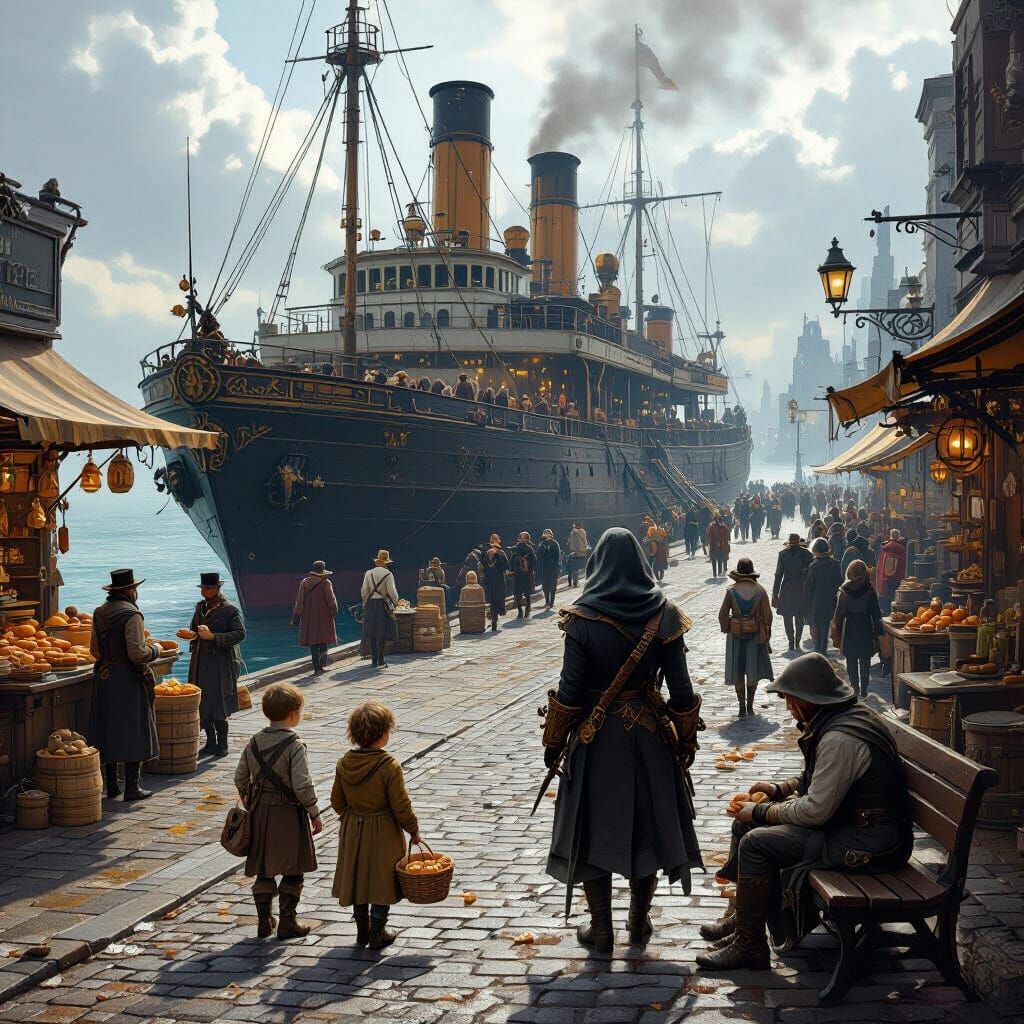 Steampunk City Docks with Ocean Ferry