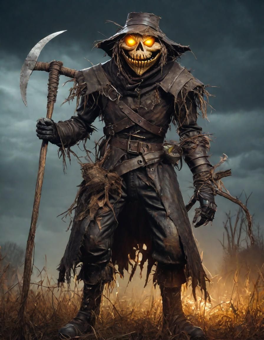 Imposing Scarecrow with Glowing Eyes and Scythe