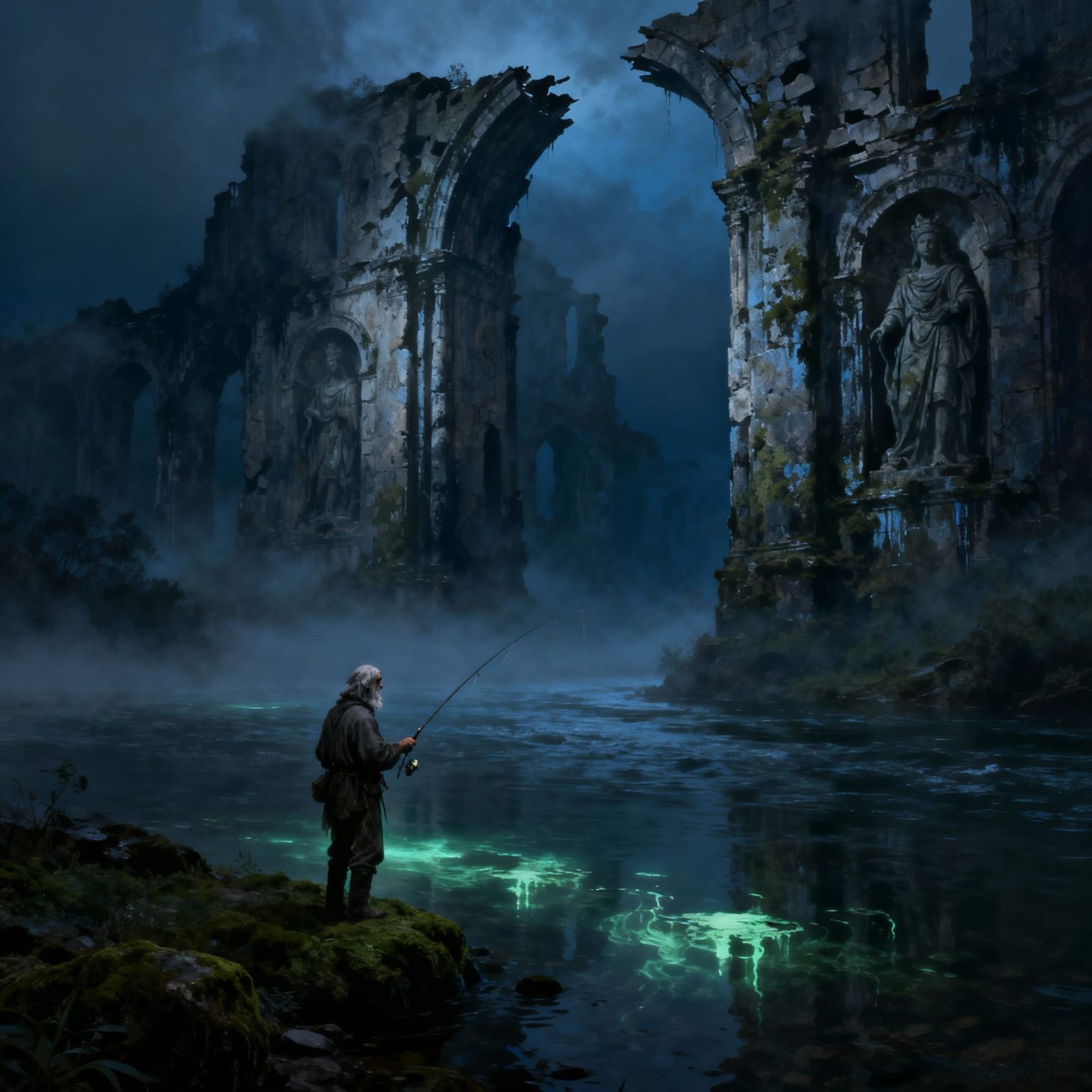 Misty River Fisherman with Ancient Ruins in Dark Fantasy Sty...