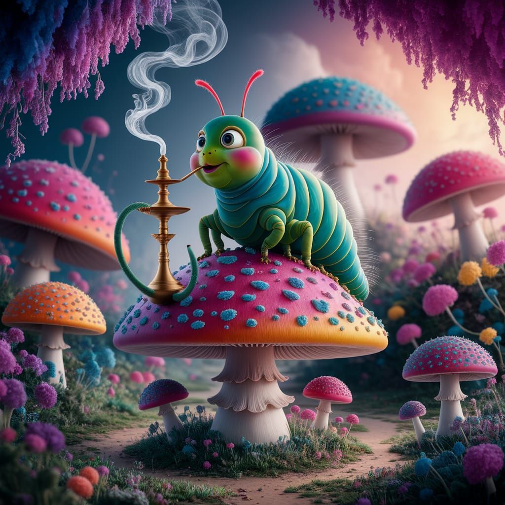 Whimsical Caterpillar Smoking Hookah in Wonderland