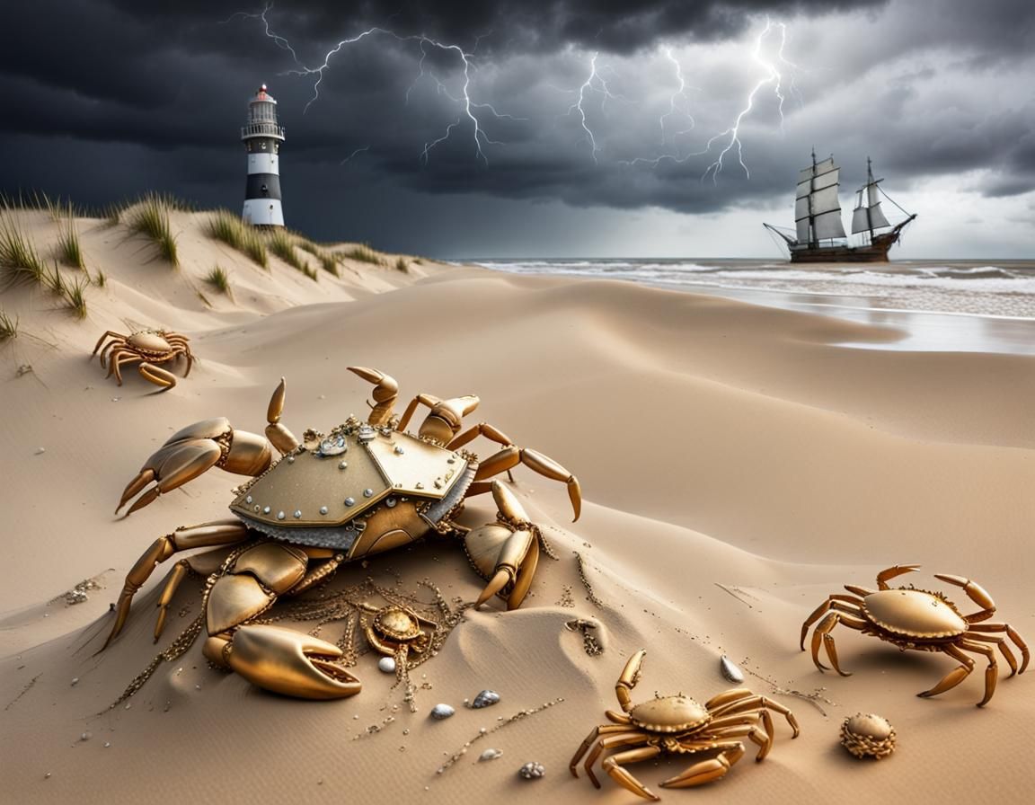 Treasure Buried in Sand with Stormy Lighthouse