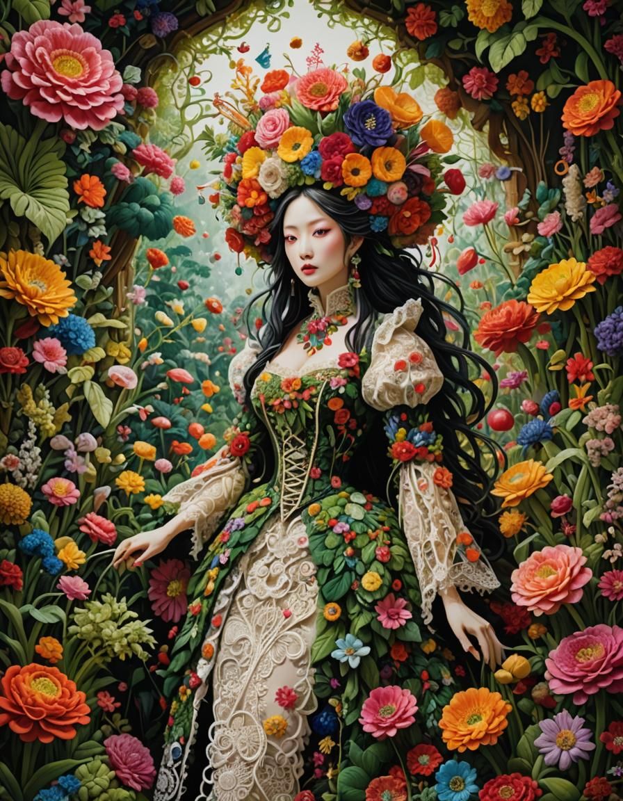 Woman in Food Clothes in Magical Garden