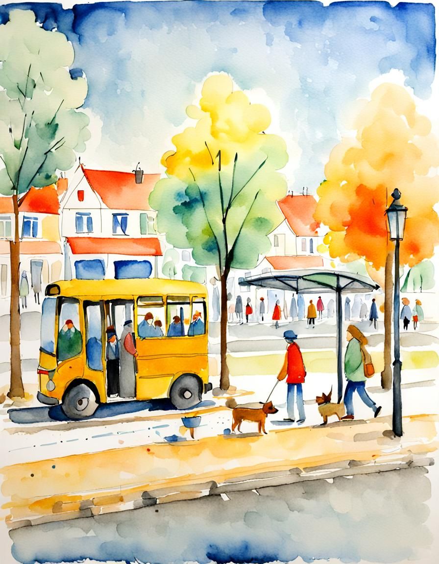 Klee-Style Watercolor Painting of a Bus Stop