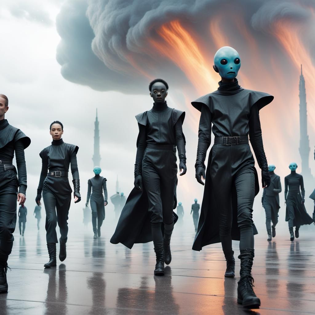 Alien Fashion Show on Cloud Catwalk in Dystopian Sky