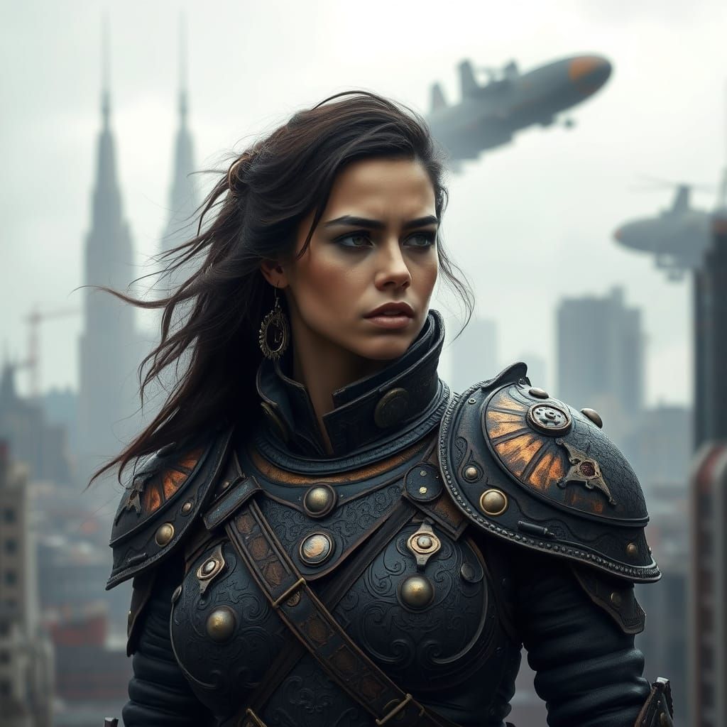 Dieselpunk Warrior in Victorian Armor Stands Resolute