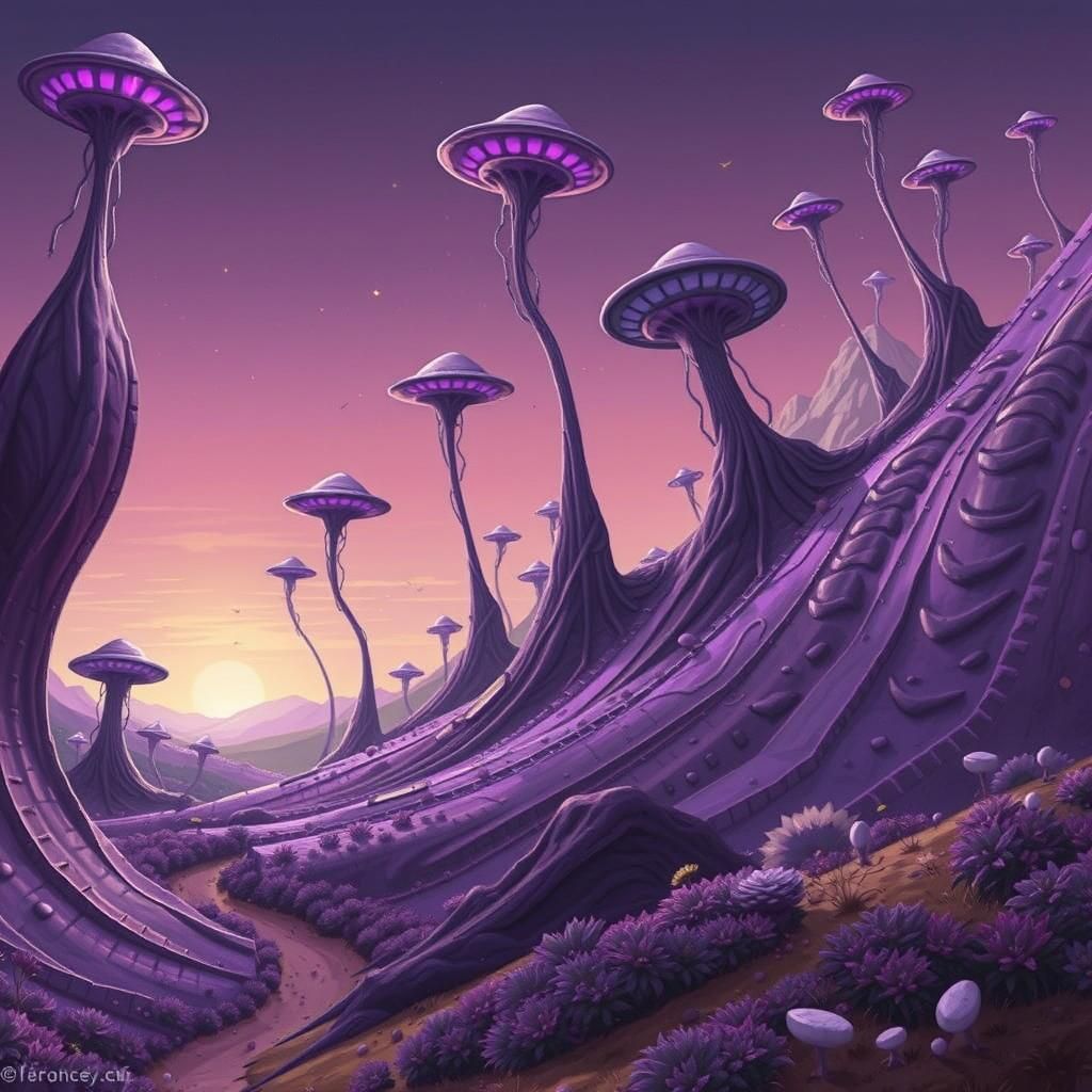 Alien Spaceport on Purple World with Wave Function Landscape