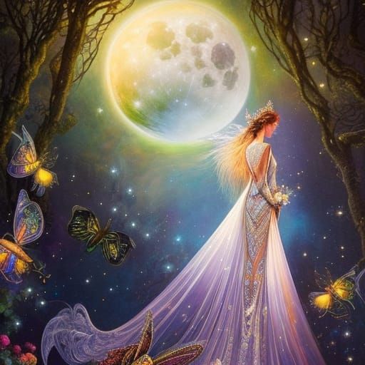 Moon Fairies Embrace in Rococo Illustration