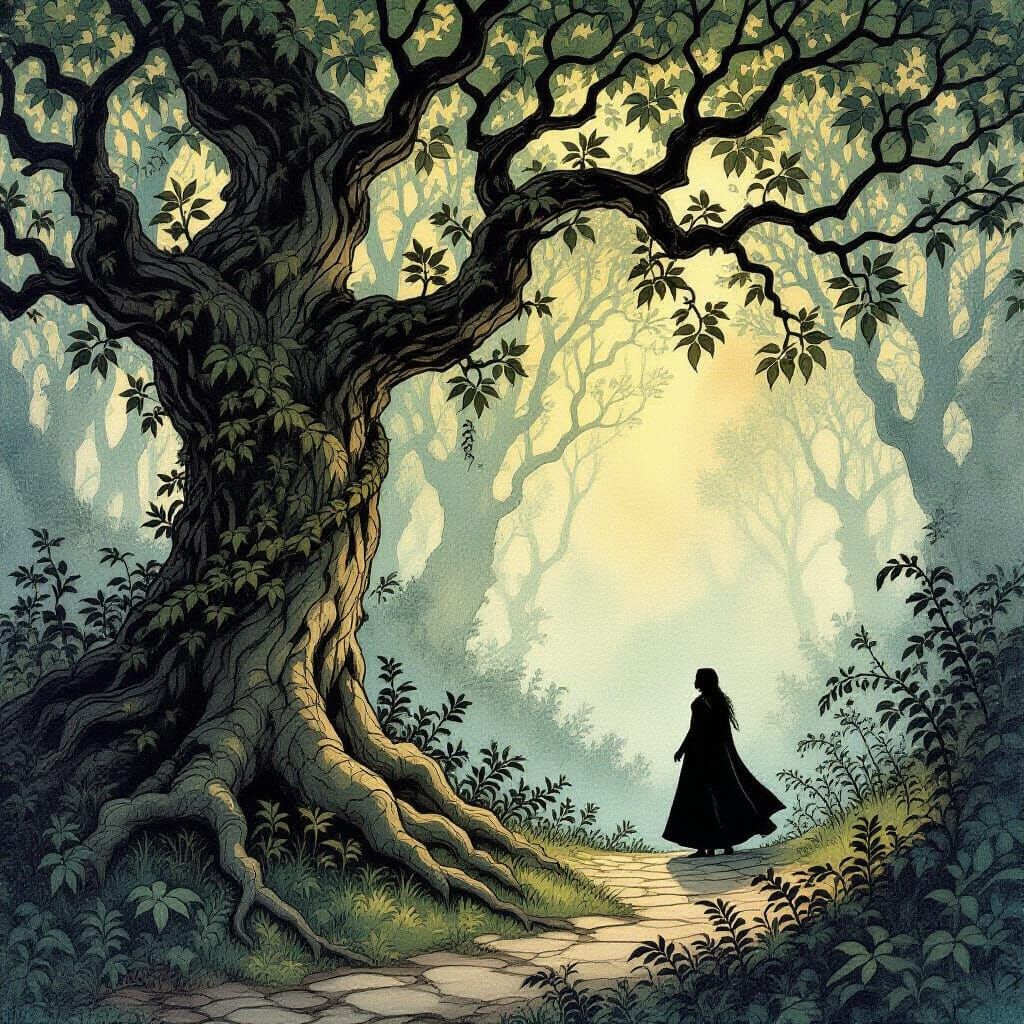 Enchanted Forest Scene in Rackham & Dulac Style