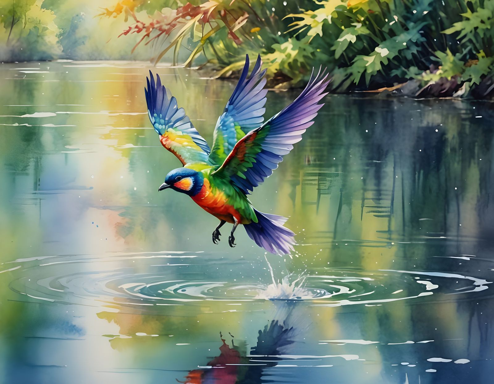Rainbow Bird Flapping Wings Over Lake
