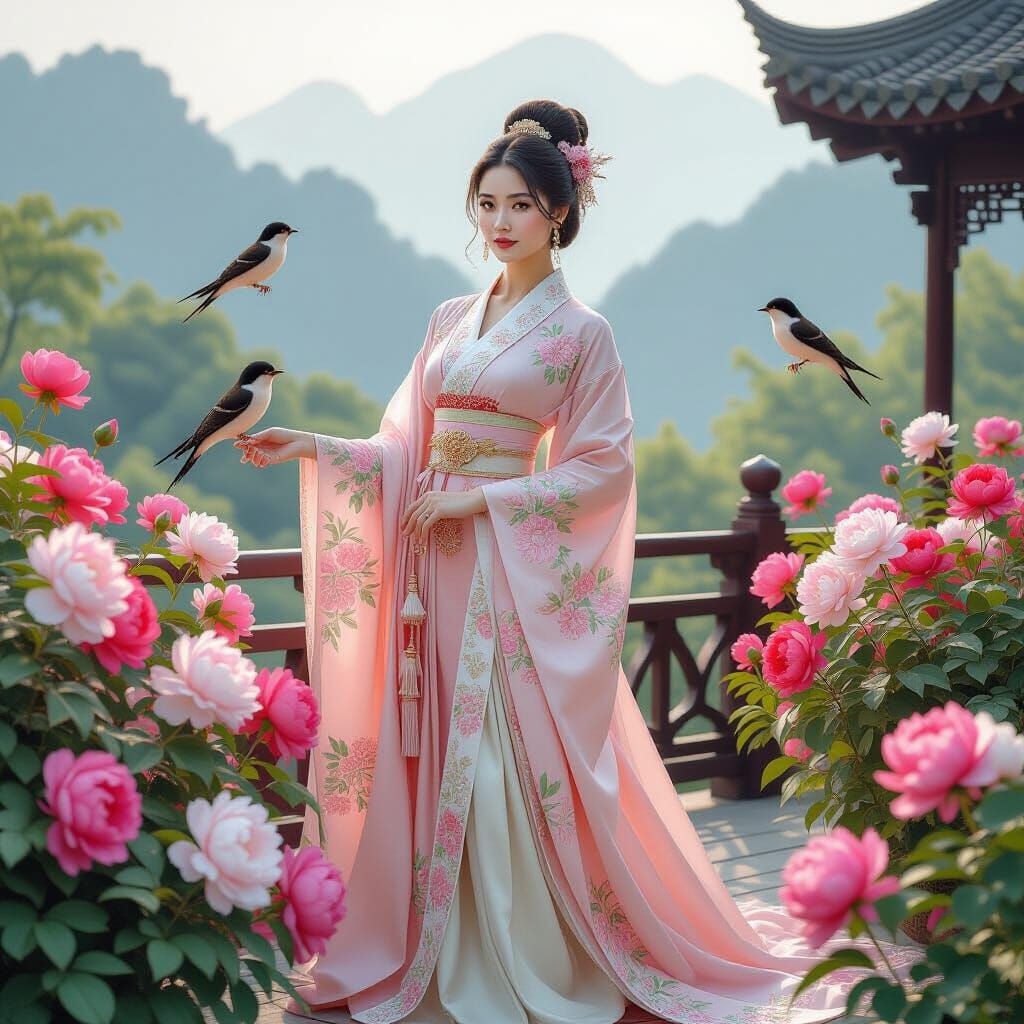 Thai-French Woman in Chinese Garden with Peonies