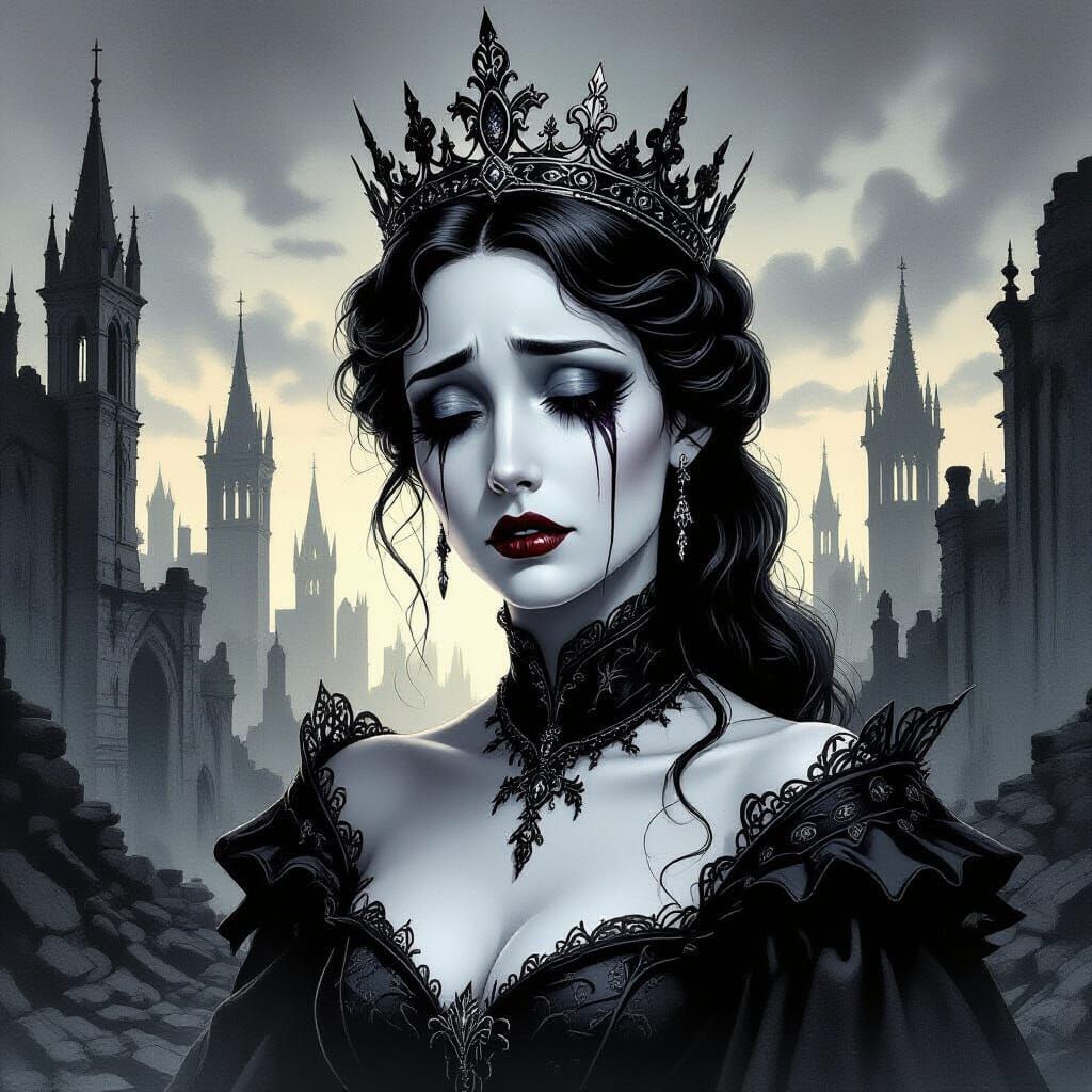 Sorrowful Queen in Ruined Gothic City Twilight Sketch