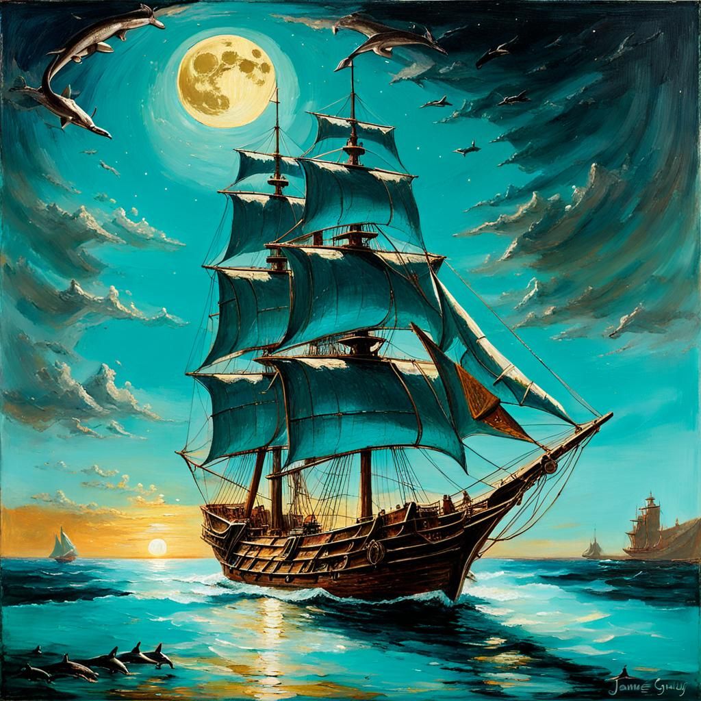 Golden Caravel Sailing Under Moonlight, Goya Style