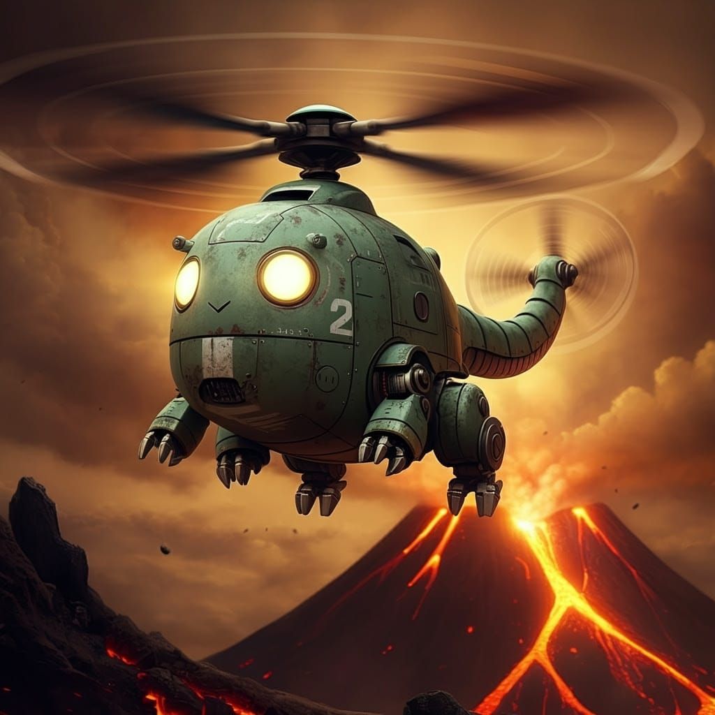 Hyper-Realistic Chibi Robot Dragon in Mid-Air, Volcano Backd...