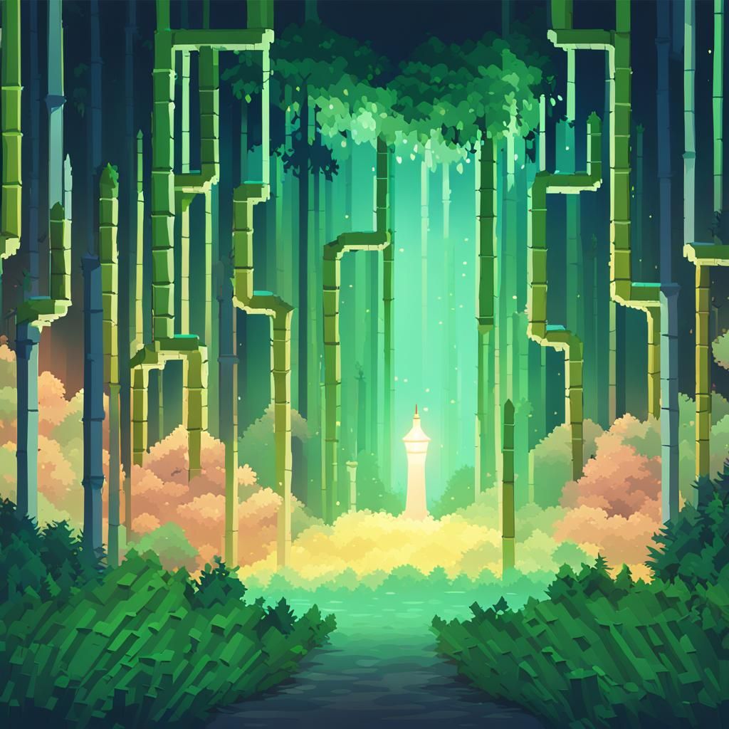 Pixelated Bamboo Forest at Night in Low-Poly Art